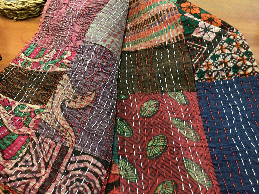 Single Patch work  Kantha Stitched Throw/Quilt