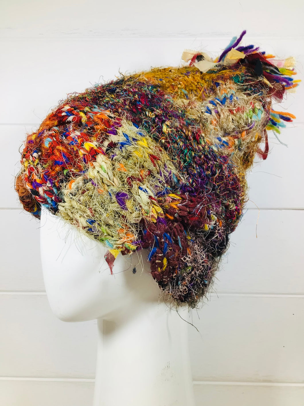 Multi Coloured Wool Beanie with Ribbon and Wool Pom Pom