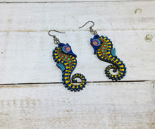 Load image into Gallery viewer, Sea Horse Large Hand Painted Wood Earrings NEV
