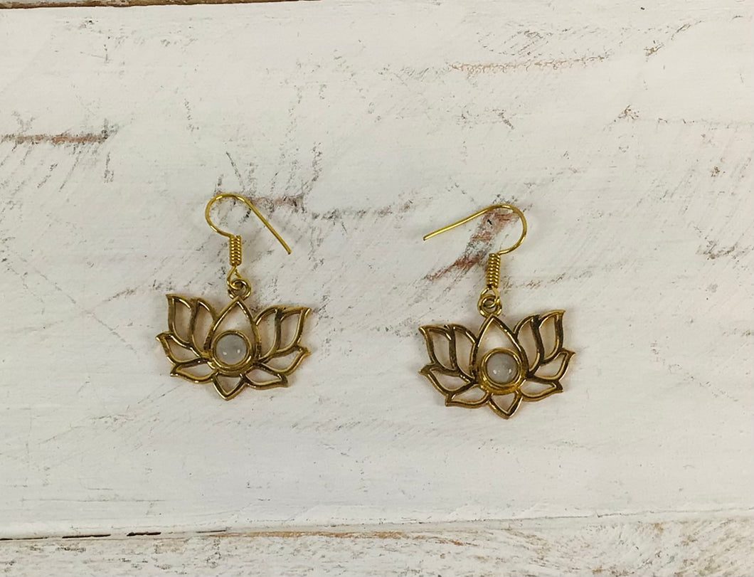 Lotus and Stone Brass Earrings