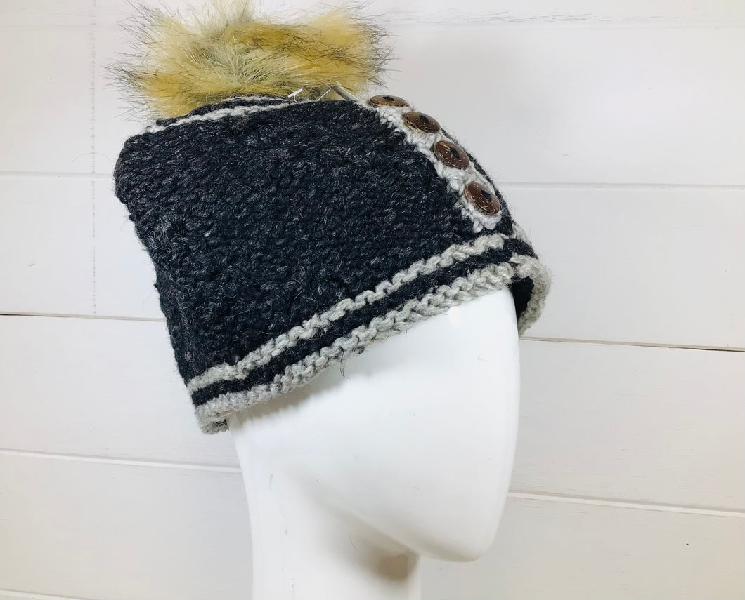 Wool Beanie With Button Detail and Pom Pom