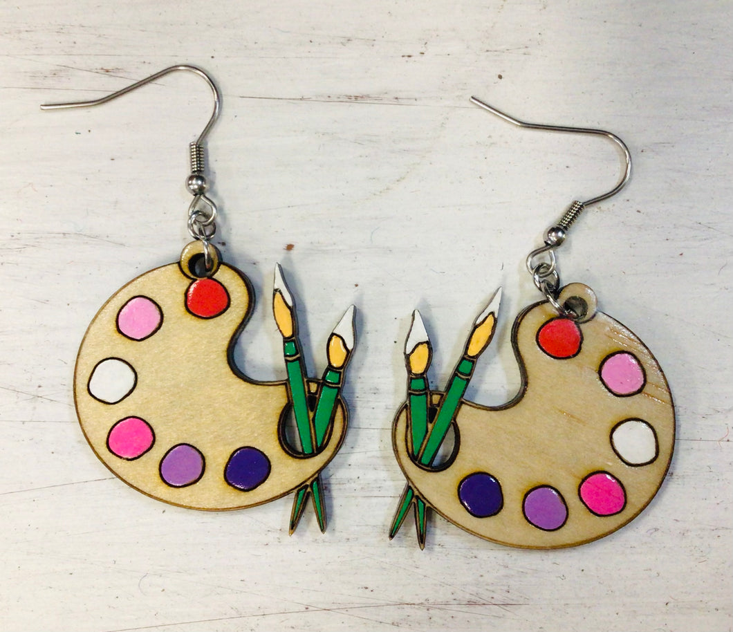 Paint Palette Hand Painted Wooden Earrings NEV