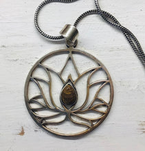 Load image into Gallery viewer, Lotus and Tiger Eye Pendant with Chain Silver
