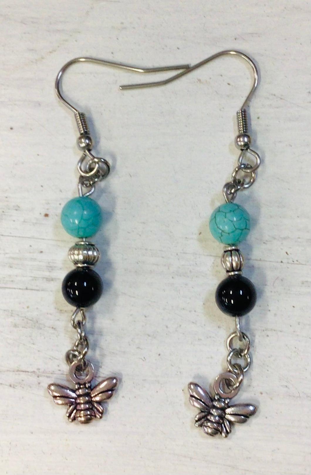 Torquoise Howlite and Black Onyx Bead Earrings with Charm by Nev