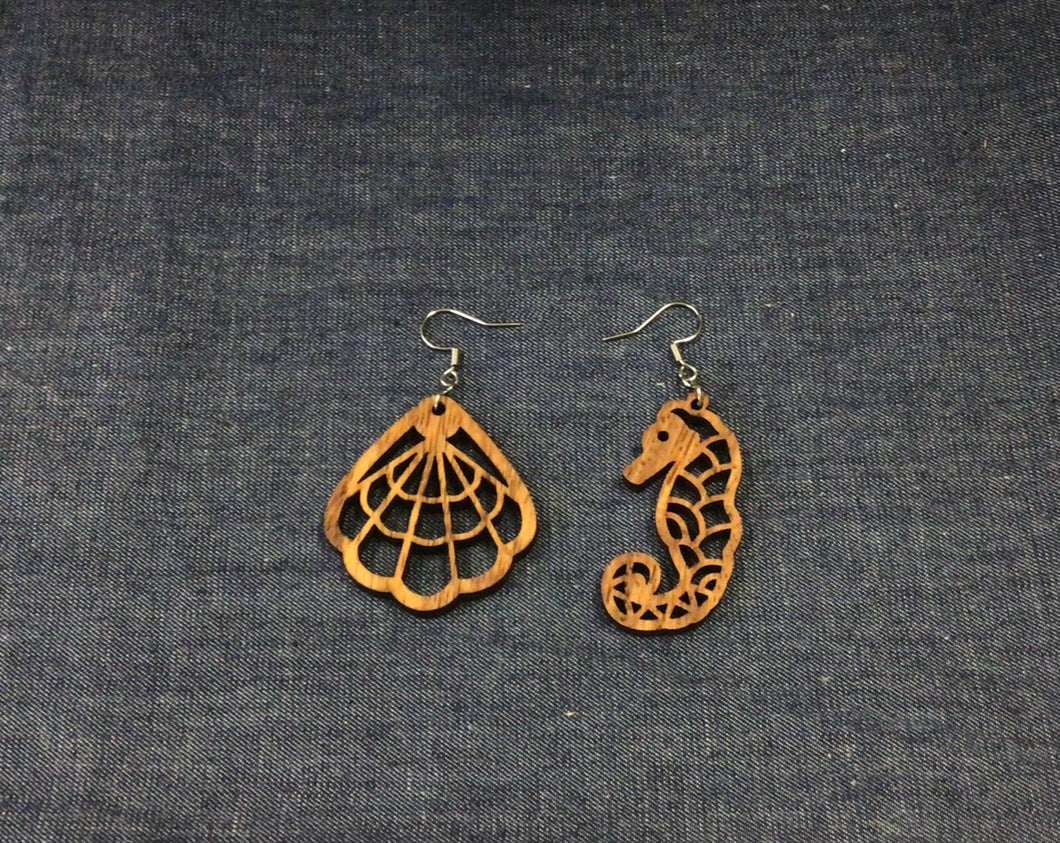 Rosewood Sea Horse and Sea Shell Earrings by Nev