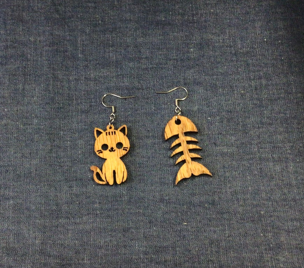 Rosewood Cat and Fishbone Earrings by Nev