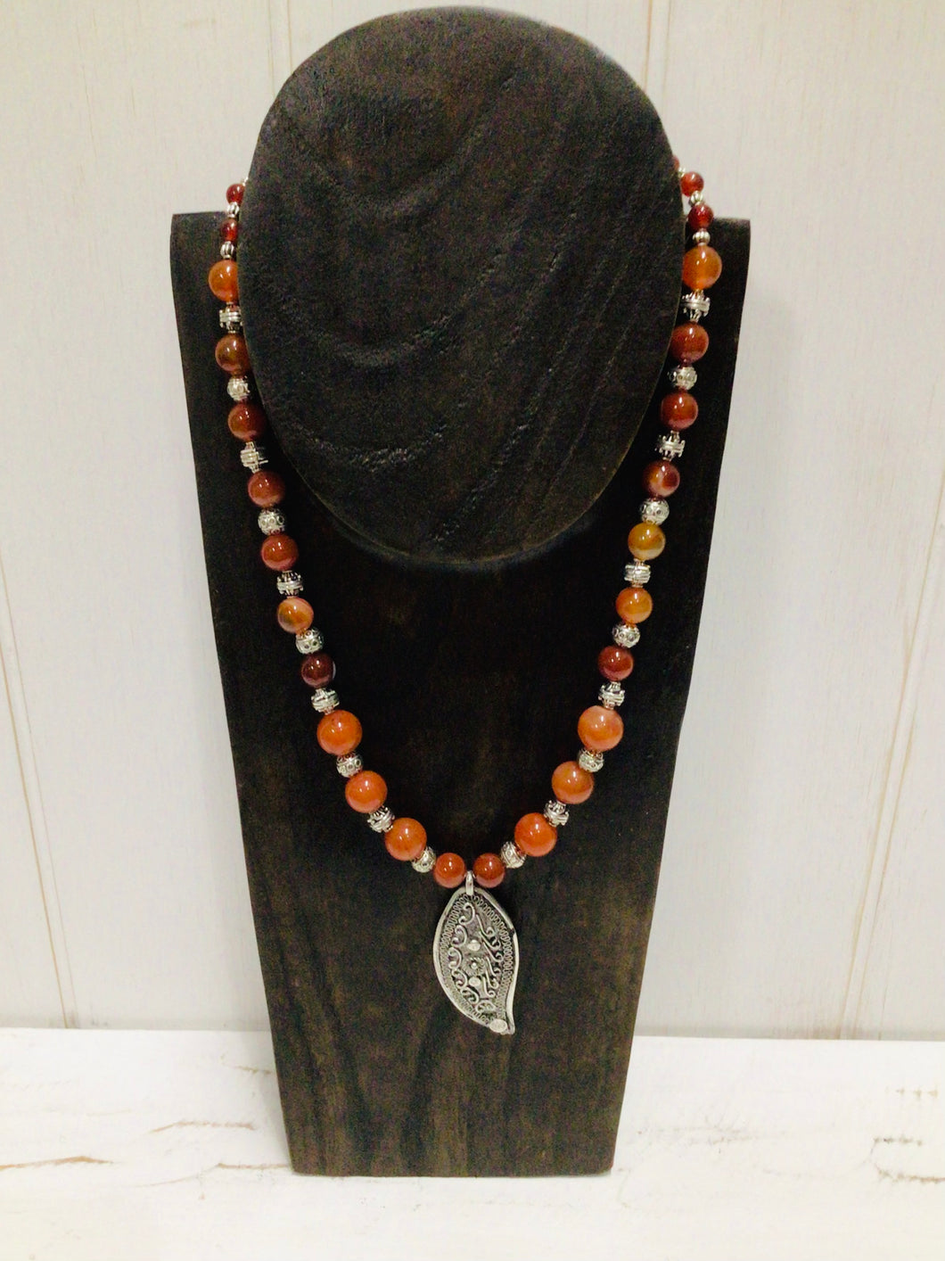 Leaf Carnelian and Silver Beaded Necklace