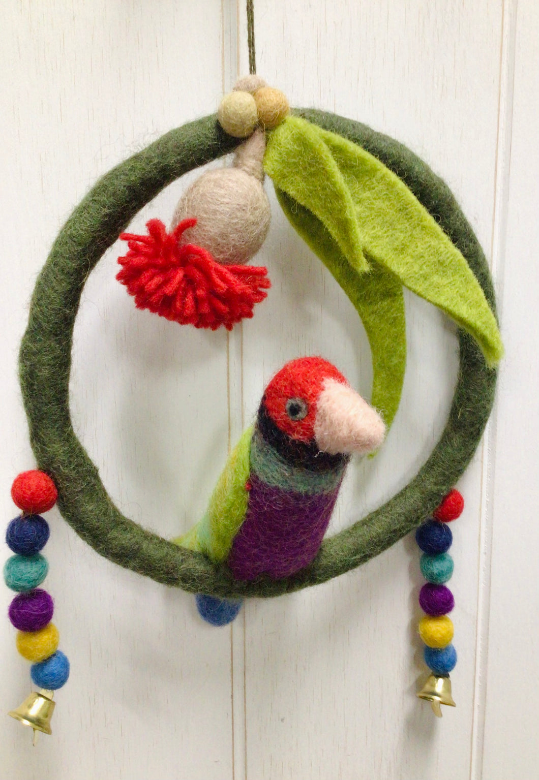 Felt Hanging Bird in Ring with Bells