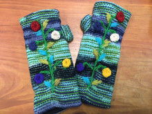 Load image into Gallery viewer, Wool Felt Stripe Floral Hand Warmer Fingerless Gloves

