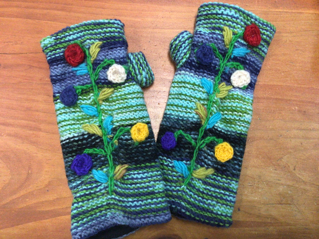 Wool Felt Stripe Floral Hand Warmer Fingerless Gloves