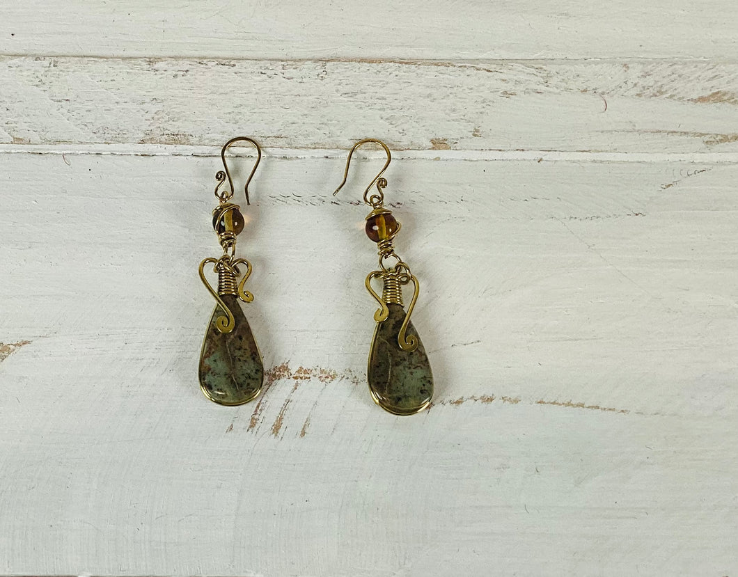 Jade and Amber Scroll work Earrings