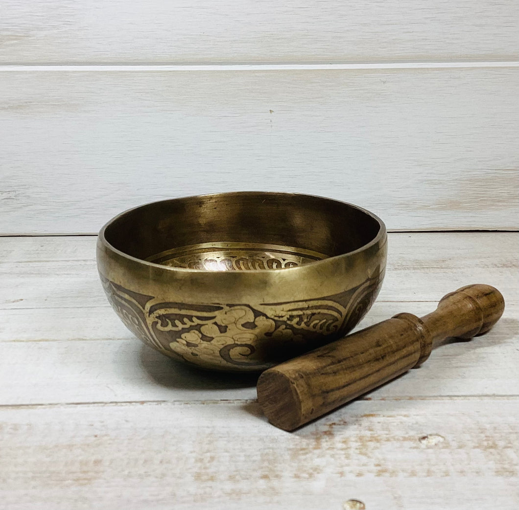 Brass Hand Beaten Singing Bowl With Symbols (KH875C)