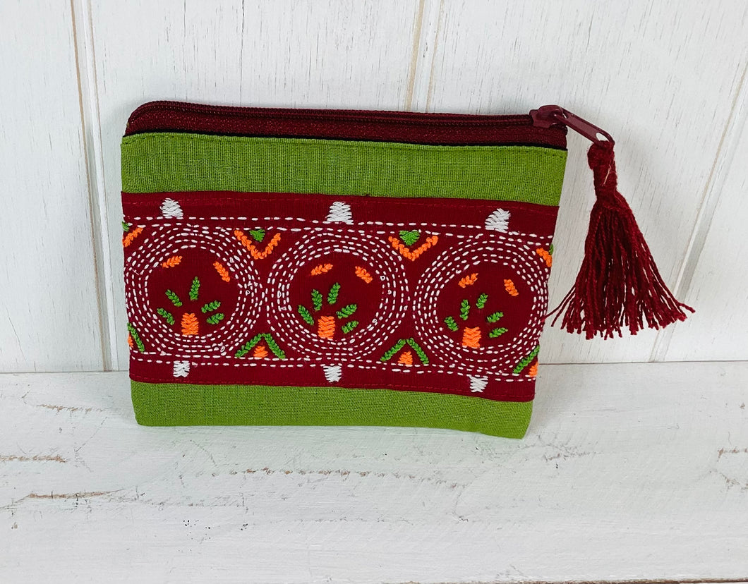 Embroidered Circles Green and Red Purse