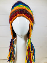 Load image into Gallery viewer, Multi Coloured Wool Beanie with Ear Flaps and Tassels
