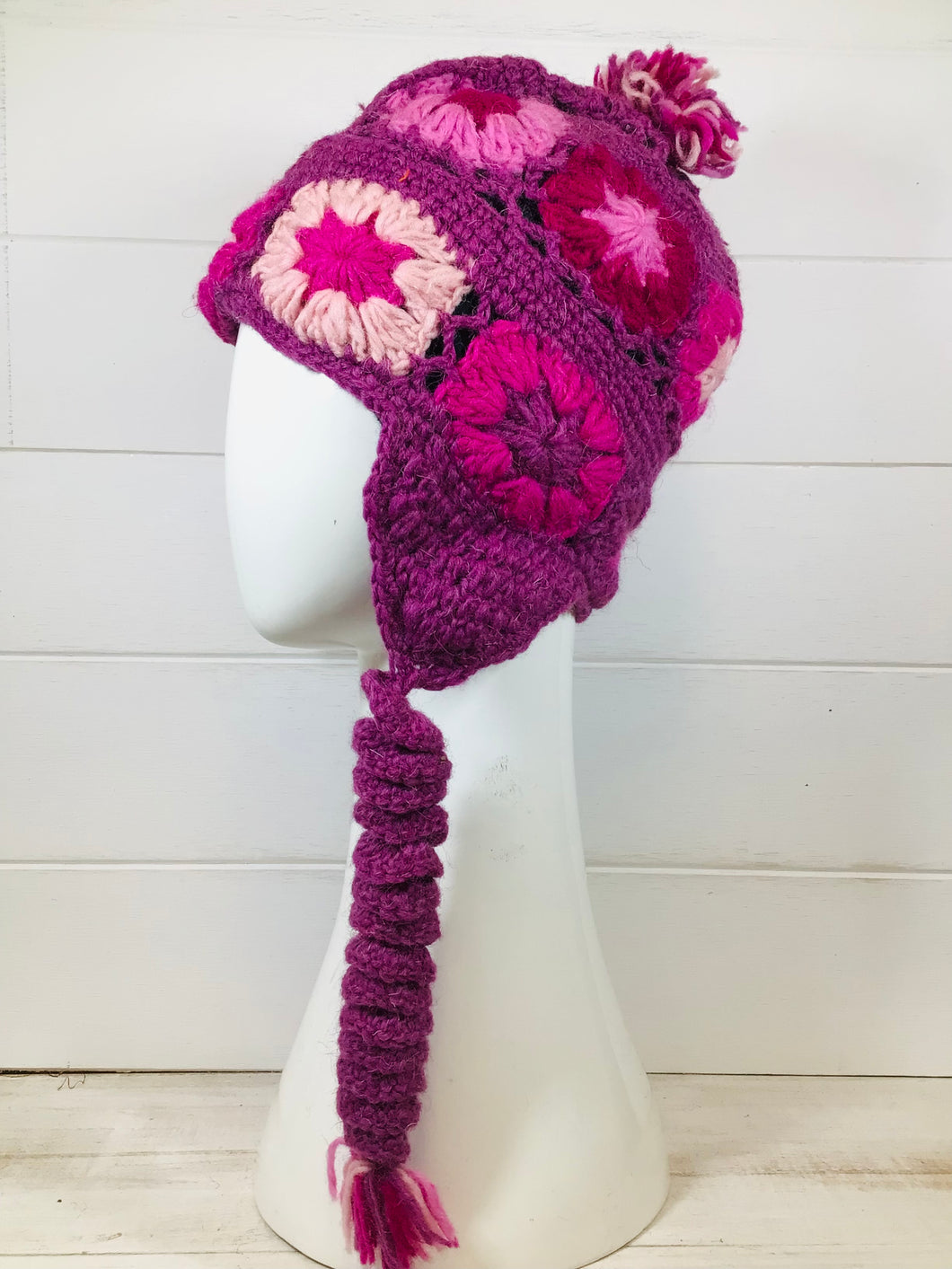 Flower Wool Beanie with Ear Flaps