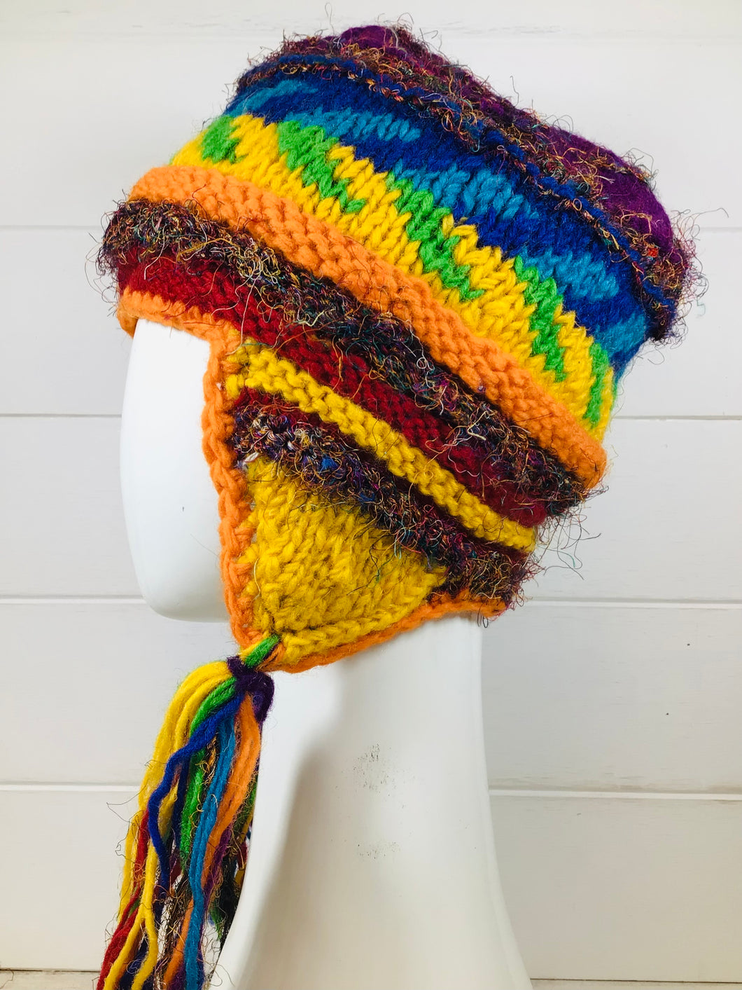 Multi Coloured Wool Beanie with Ear Flaps and Tassels