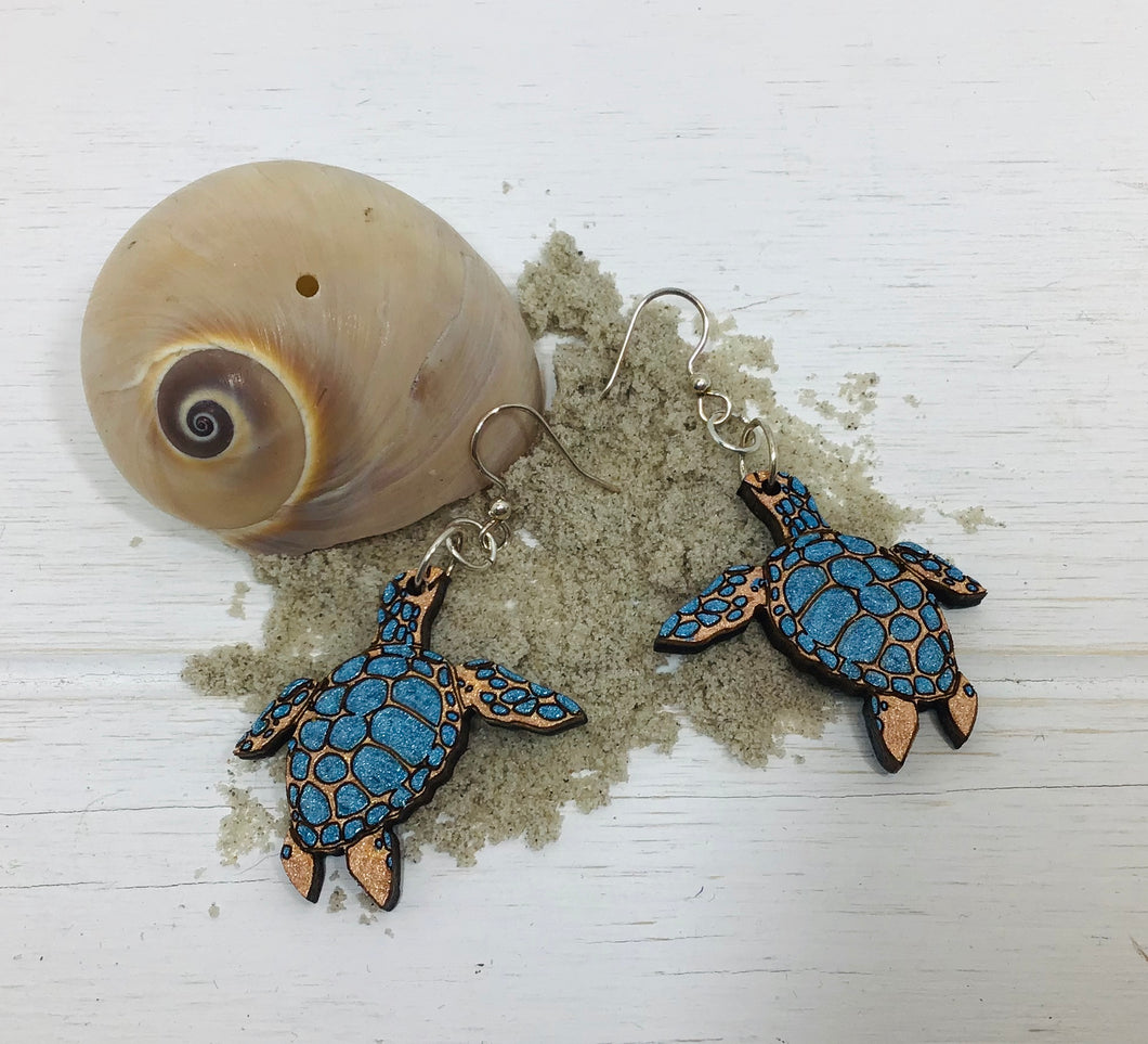 Turtle Hand Painted Wood  Earrings NEV